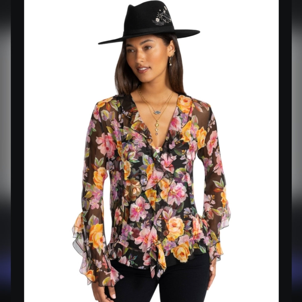 NWT SILK JOHNNY WAS KYLIE BLACK  FLORAL RUFFLE BOHO  BLOUSE M